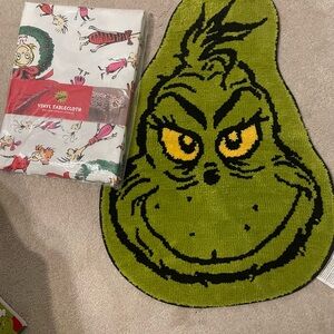 Grinch Face Shaped Rug - Green & Black Holiday Accent and Vinyl Tablecloth